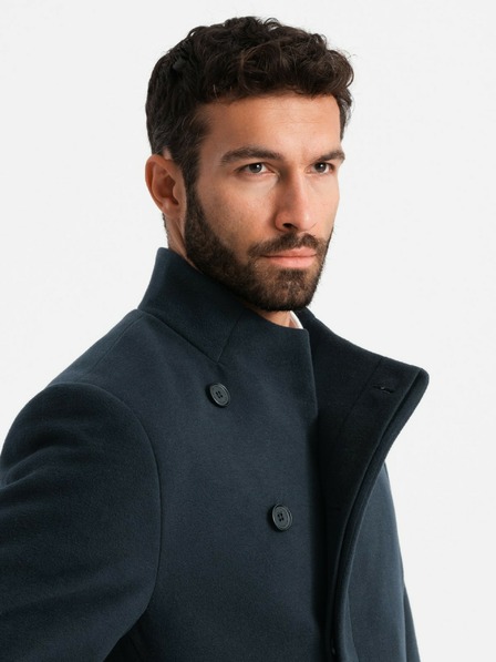 Ombre Clothing Pánský kabát s asymetrickým zapínáním a vysokým límcem tmavě modrý Ombre Clothing