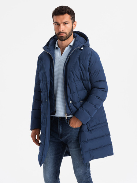Ombre Clothing Pánská dlouhá prošívaná bunda s klopami a podšívkou tmavě modrá Ombre Clothing