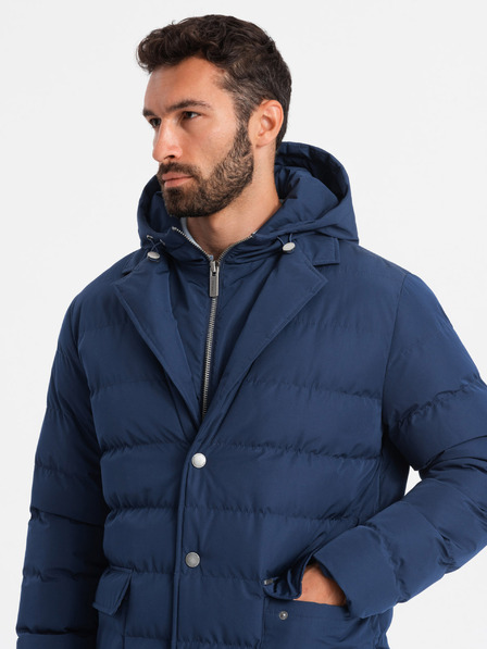 Ombre Clothing Pánská dlouhá prošívaná bunda s klopami a podšívkou tmavě modrá Ombre Clothing
