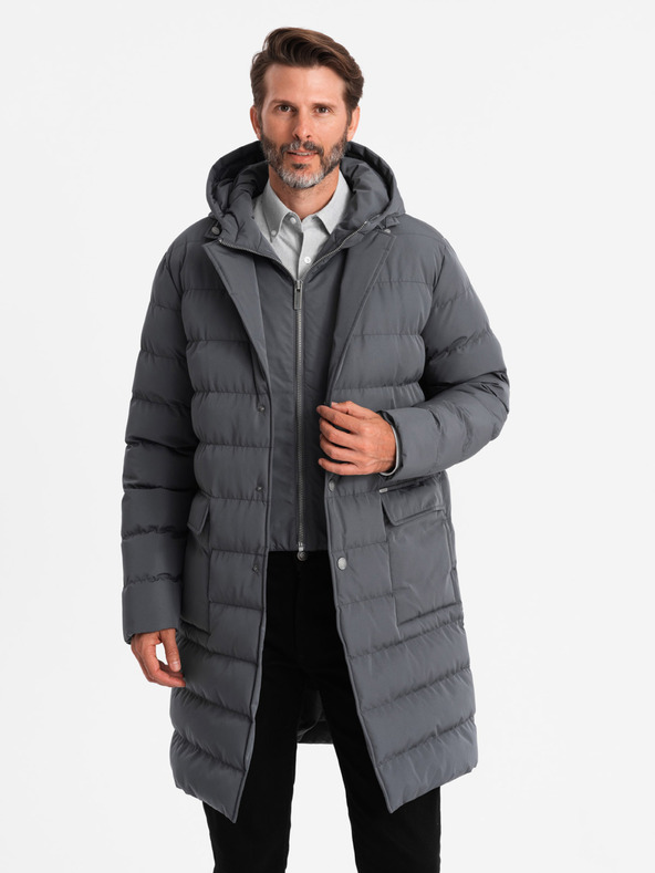 Ombre Clothing Pánská dlouhá prošívaná bunda s klopami a podšívkou grafitová Ombre Clothing