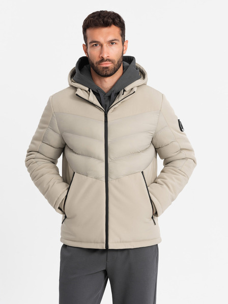 Ombre Clothing Pánská kombinovaná prošívaná bunda s vysokým límcem béžová Ombre Clothing