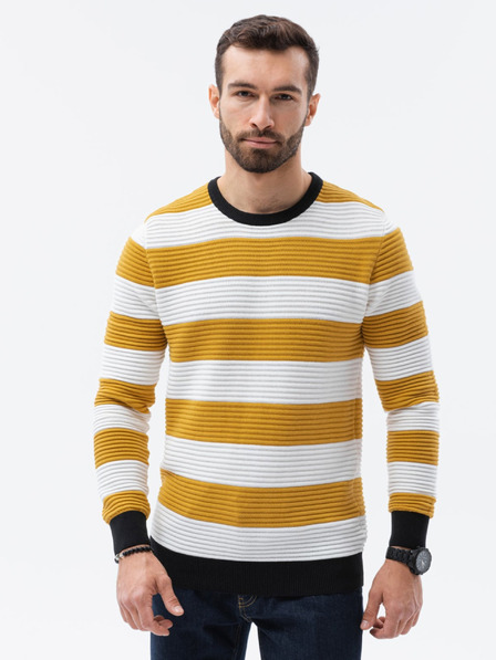 Ombre Clothing Bílo-hořčicový pánský pruhovaný svetr Ombre Clothing E189
