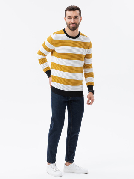 Ombre Clothing Bílo-hořčicový pánský pruhovaný svetr Ombre Clothing E189