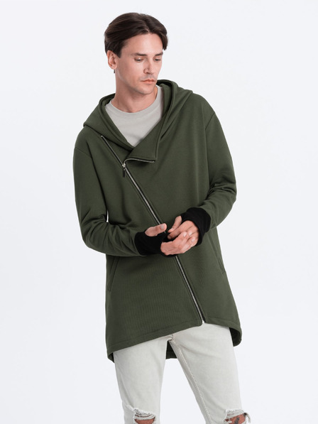 Ombre Clothing Tmavě zelená pánská mikina s asymetrickým zapínáním Ombre Clothing