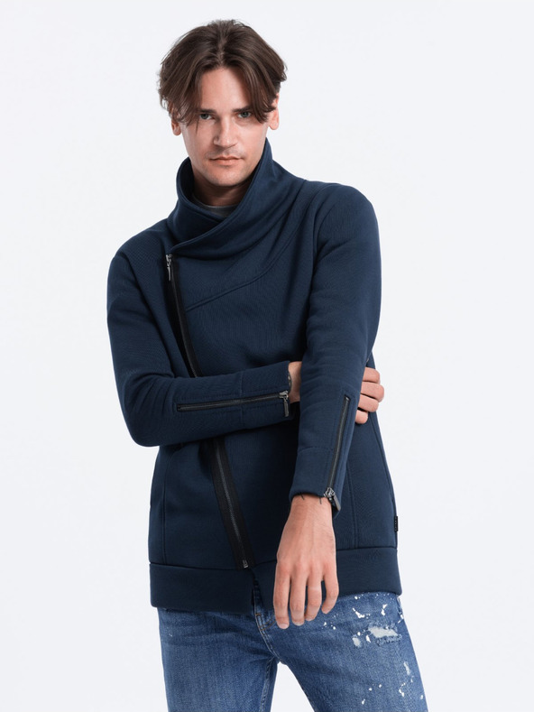 Ombre Clothing Tmavě modrá pánská mikina s asymetrickým zapínáním Ombre Clothing