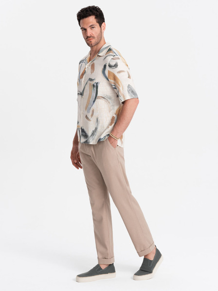 Ombre Clothing Světle hnědé pánské chino kalhoty s příměsí lnu Ombre Clothing