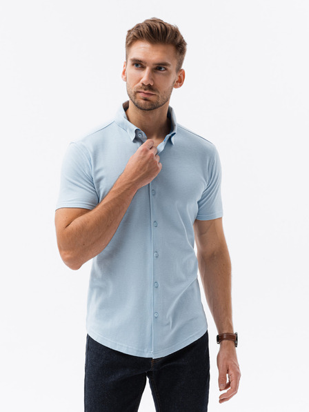 Ombre Clothing Světle modréá pánská úpletová košile s krátkým rukávem Ombre Clothing