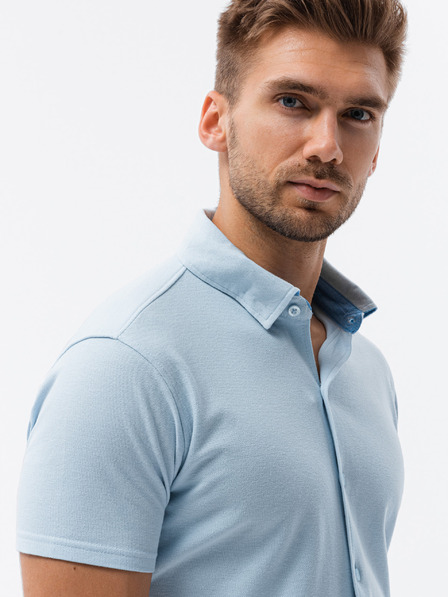 Ombre Clothing Světle modréá pánská úpletová košile s krátkým rukávem Ombre Clothing