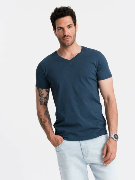 Ombre Clothing Modré pánské bavlněné basic tričko s výstřihem Ombre Clothing