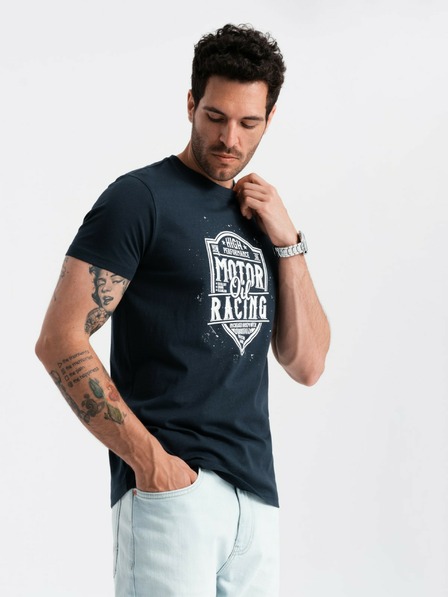 Ombre Clothing Tmavě modré pánské tričko s potiskem Ombre Clothing