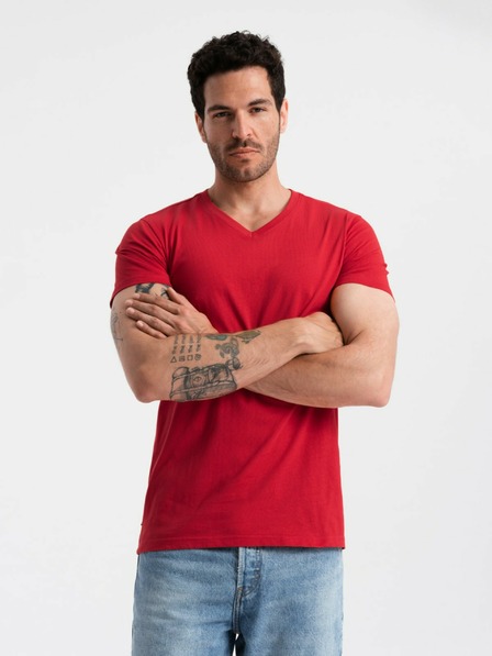 Ombre Clothing Červené pánské bavlněné basic tričko s výstřihem Ombre Clothing