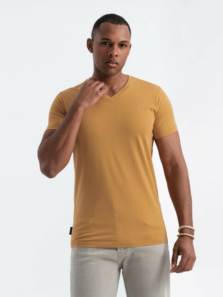 Ombre Clothing Hořčicové pánské bavlněné basic tričko s výstřihem Ombre Clothing