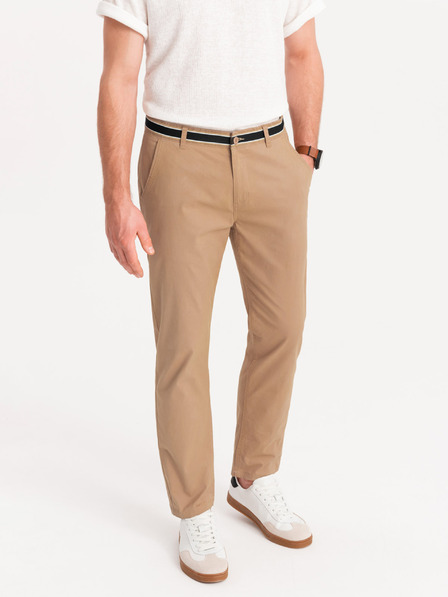 Ombre Clothing Béžové pánské chino kalhoty s ozdobným páskem Ombre Clothing