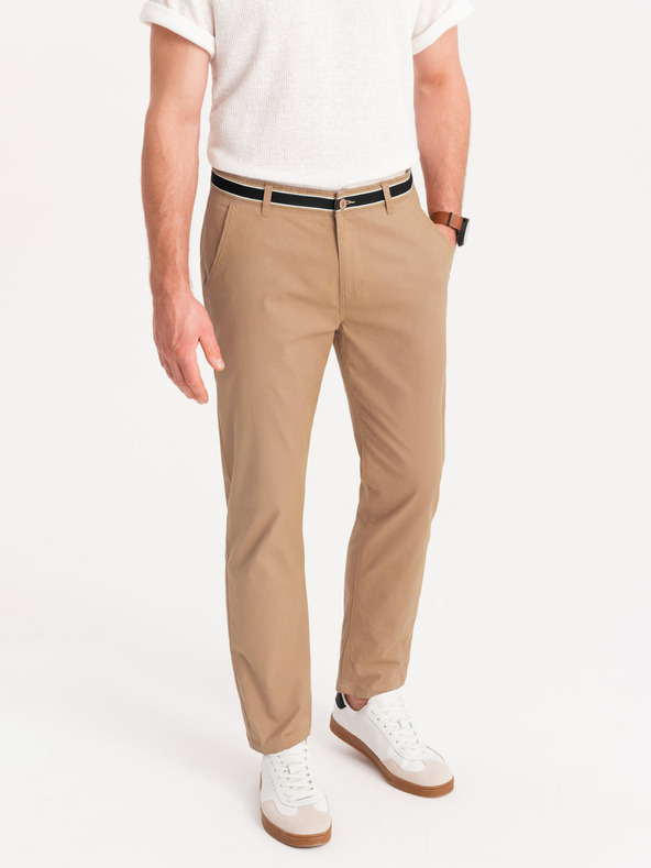 Ombre Clothing Béžové pánské chino kalhoty s ozdobným páskem Ombre Clothing
