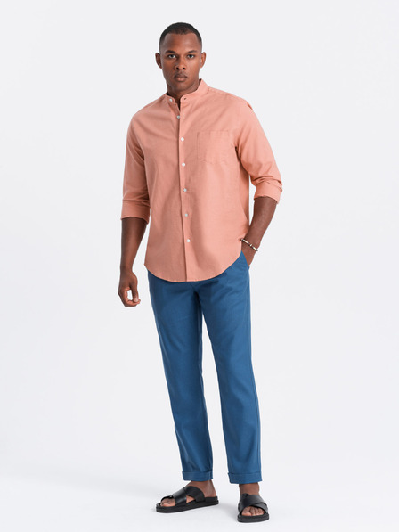 Ombre Clothing Modré pánské chino kalhoty s příměsí lnu Ombre Clothing