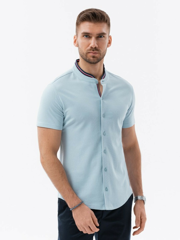Ombre Clothing Modrá pánská pletená košile s krátkým rukávem Ombre Clothing