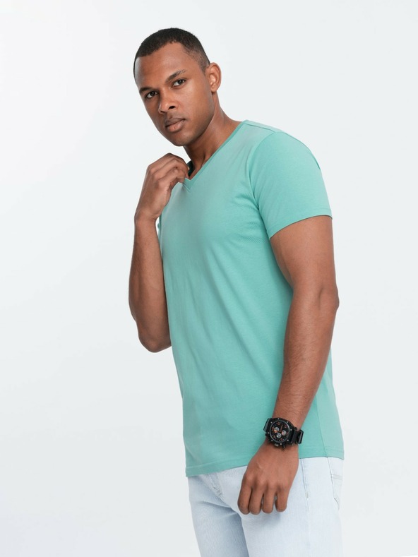 Ombre Clothing Tyrkysové pánské bavlněné basic tričko s výstřihem Ombre Clothing