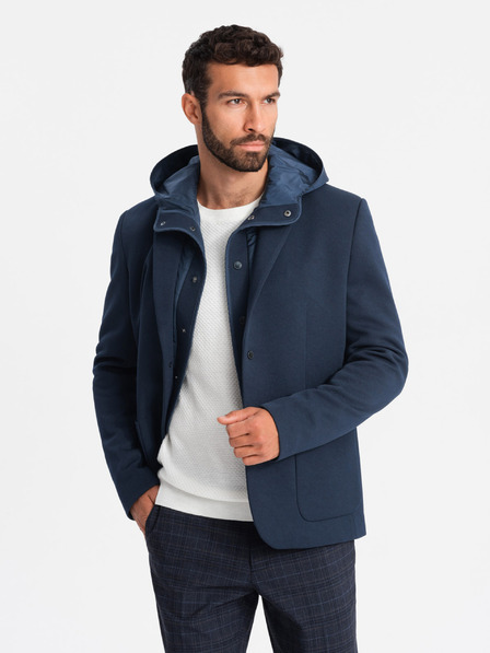 Ombre Clothing Pánská bunda s kapucí a vysokým límcem tmavě modrá Ombre Clothing