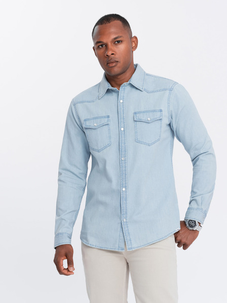 Ombre Clothing Pánská džínová košile na patentky s kapsami světle modrá Ombre Clothing