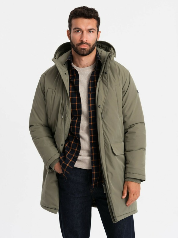Ombre Clothing Pánská klasická dlouhá bunda parka olivová Ombre Clothing