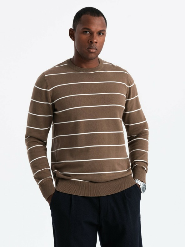 Ombre Clothing Pánský ležérní svetr s vodorovnými pruhy hnědý Ombre Clothing