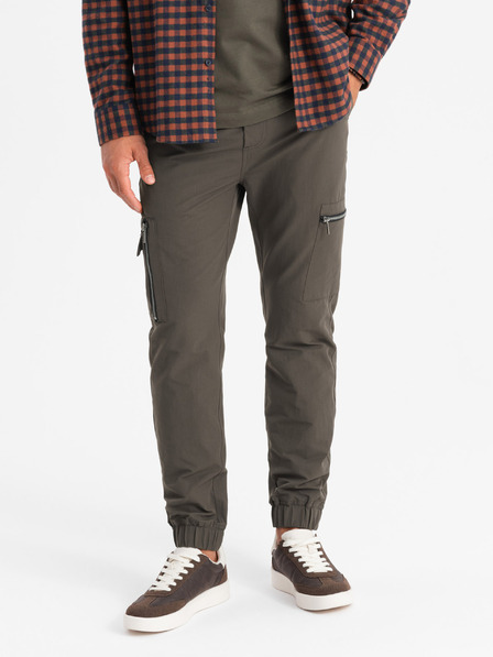 Ombre Clothing Pánské kalhoty jogger s kapsami a potiskem tmavě olivově zelené Ombre Clothing