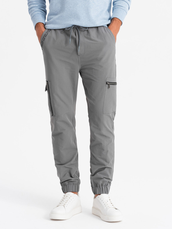 Ombre Clothing Pánské kalhoty jogger s kapsami a potiskem šedé Ombre Clothing