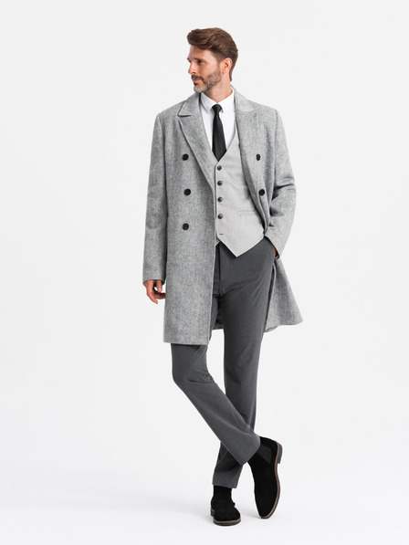 Ombre Clothing Elegantní pánský dvouřadý kabát ve tvaru rybí kosti šedý Ombre Clothing