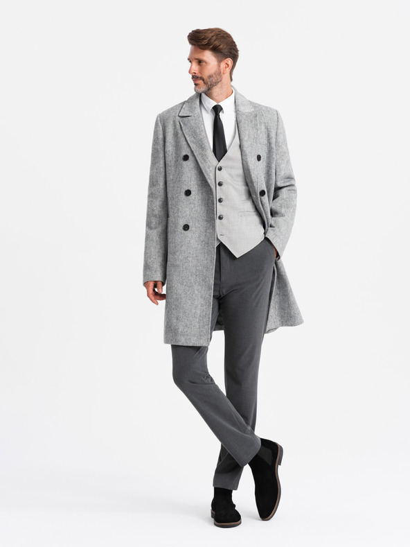 Ombre Clothing Elegantní pánský dvouřadý kabát ve tvaru rybí kosti šedý Ombre Clothing