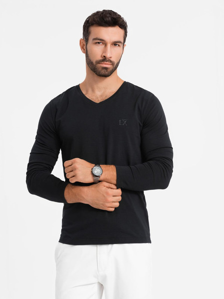 Ombre Clothing Pánské tričko s výstřihem do V SLIM FIT s elastanem a potiskem černá Ombre Clothing