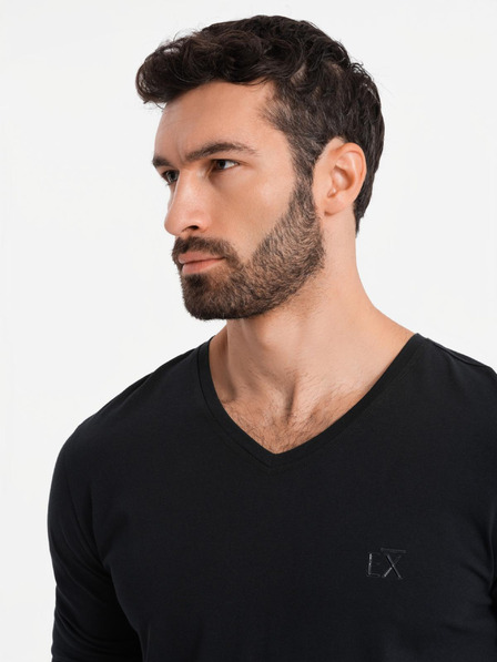 Ombre Clothing Pánské tričko s výstřihem do V SLIM FIT s elastanem a potiskem černá Ombre Clothing