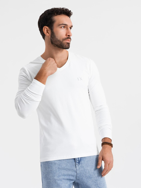 Ombre Clothing Pánské tričko SLIM FIT s dlouhým rukávem do V s elastanem a potiskem bílá Ombre Clothing
