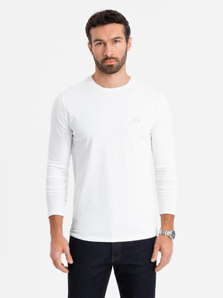 Ombre Clothing Pánské tričko SLIM FIT s dlouhým rukávem, elastanem a potiskem bílá Ombre Clothing