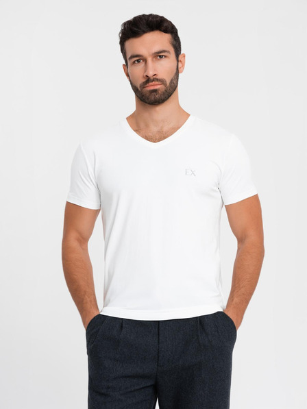 Ombre Clothing Pánské tričko SLIM FIT s výstřihem do V, elastanem a potiskem bílá Ombre Clothing