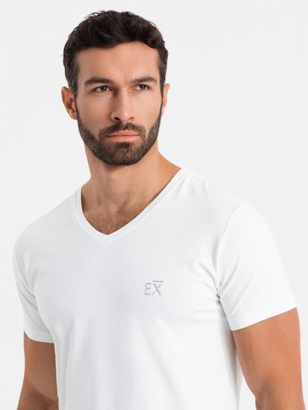 Ombre Clothing Pánské tričko SLIM FIT s výstřihem do V, elastanem a potiskem bílá Ombre Clothing