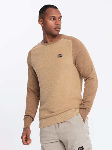 Ombre Clothing Pánský pletený svetr RELAXED FIT se vzorem béžová Ombre Clothing