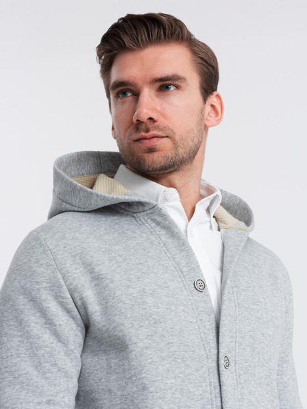 Ombre Clothing Pánská mikina s kapucí na knoflíky - šedá melanž V2 OM-SSZP-0186 Ombre Clothing