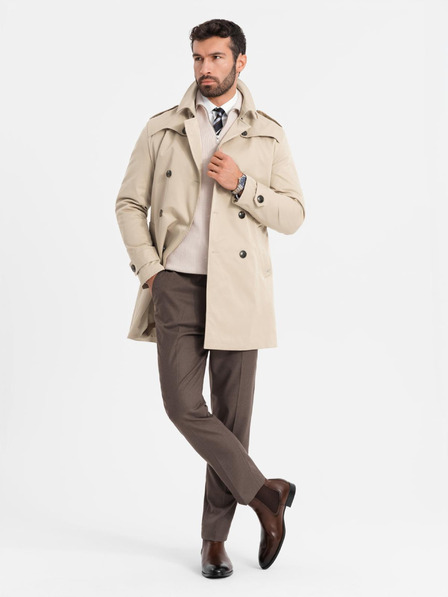 Ombre Clothing Elegantní pánský plášť SLIM FIT s páskem béžový Ombre Clothing
