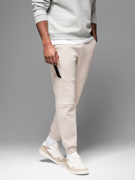 Ombre Clothing Pánské tepláky s žebrovanými manžetami a ozdobným zipem - pískové Ombre Clothing