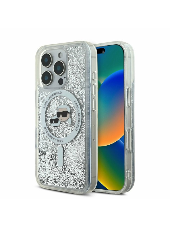 Karl Lagerfeld Karl Lagerfeld Liquid Glitter Karl and Choupette Heads MagSafe Zadní Kryt pro iPhone 16 Pro Max Transparent