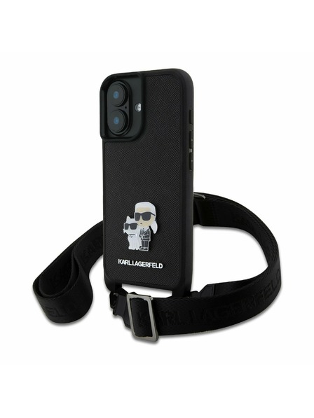 Karl Lagerfeld Karl Lagerfeld Saffiano Crossbody Popruh Metal Karl and Choupette Zadní Kryt pro iPhone 16 Plus Black