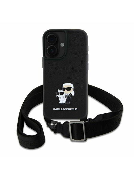 Karl Lagerfeld Karl Lagerfeld Saffiano Crossbody Popruh Metal Karl and Choupette Zadní Kryt pro iPhone 16 Plus Black