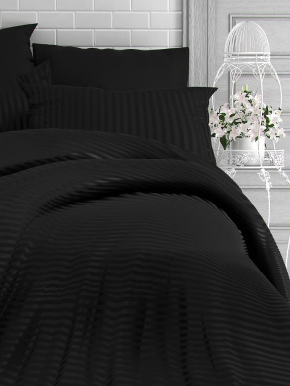 Kvalitex Francouzské saténové povlečení s proužkem 1+2, 220x200, 70x90cm černé Kvalitex