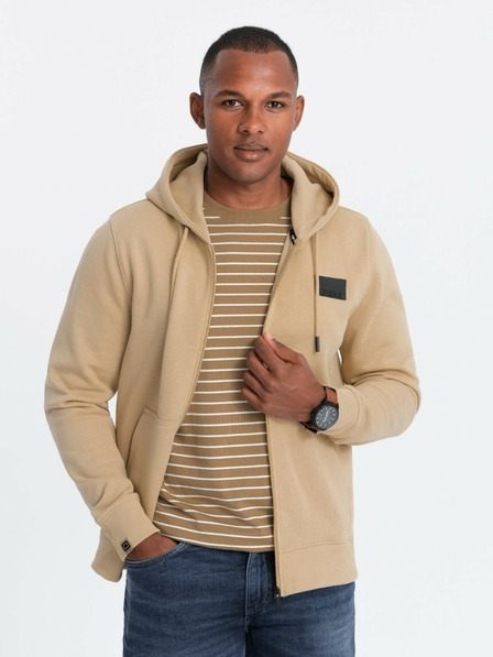 Ombre Clothing Pánská mikina na zip s kapucí a nášivkou - sand V2 OM-SSZP-0140 Ombre Clothing