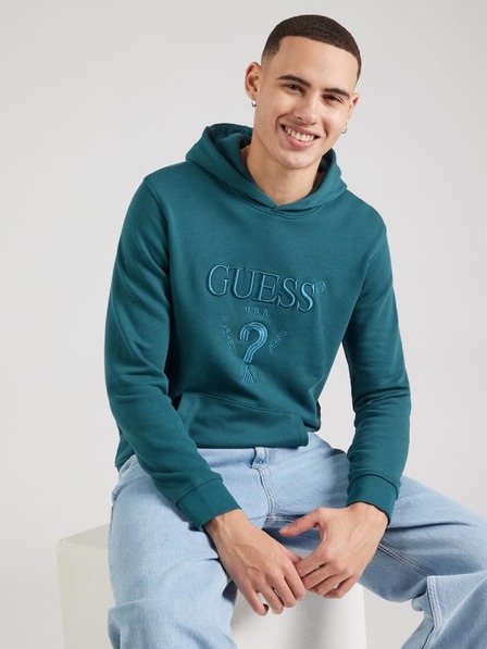 Guess Jeans Pánská petrolejová mikina s vyšitým logem a kapucí Guess jeans