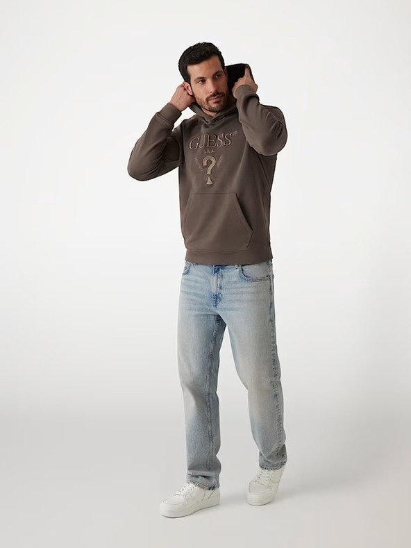 Guess Jeans Pánská hnědá mikina s vyšitým logem a kapucí Guess jeans