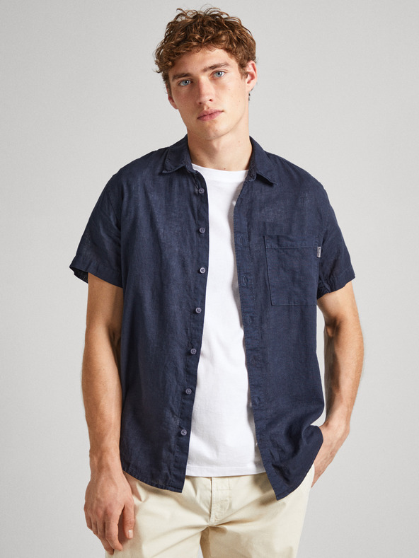 Pepe Jeans Tmavě modrá pánská lněná košile s krátkým rukávem Pepe Jeans