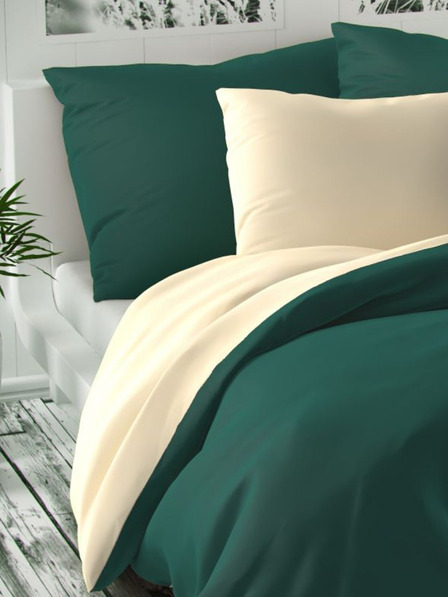 Kvalitex Saténové francouzské povlečení LUXURY COLLECTION 1+2, 200x200, 70x90cm tmavě zelené / smetanové