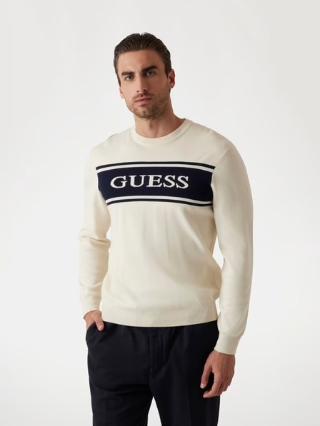 Guess Jeans Pánsky biely sveter s pruhom Guess jeans