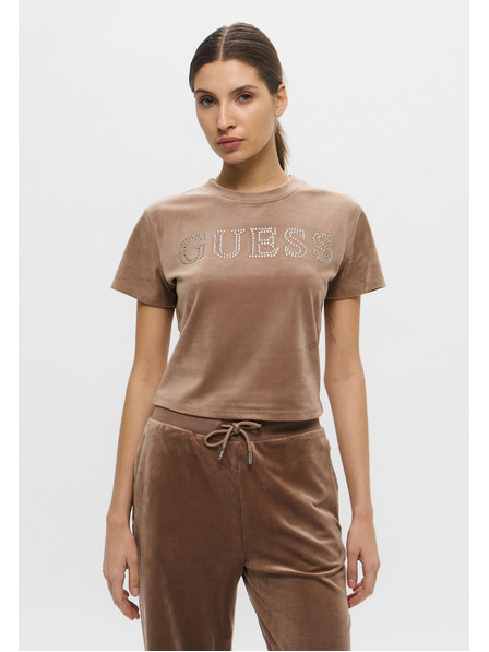 Guess Jeans Dámske hnedé tričko Velvet logo Guess jeans